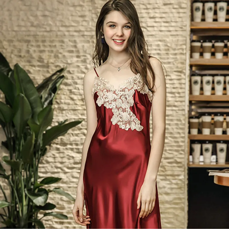 

Lace Nightgowns V-neck Sleepdress Ankle-high Nightwear Women Spaghetti Strap Nightdress Long Sleepwears For Female