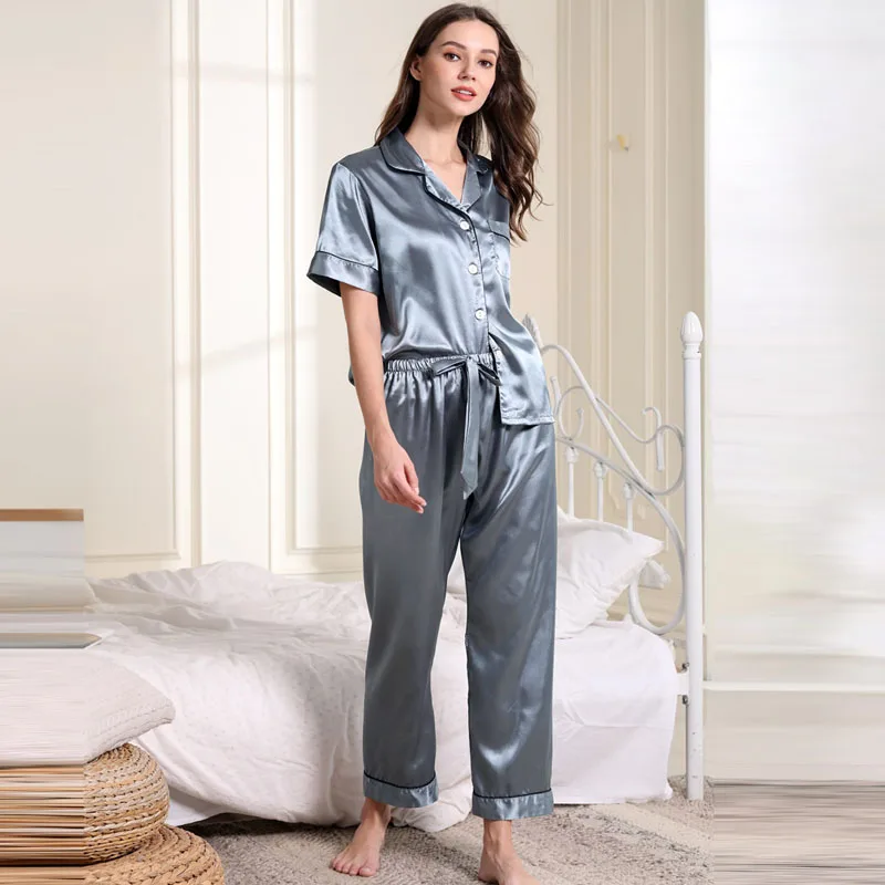 grey blue set Fiklyc нижнее белье с коротким рукавом женские атласные пижамы наборы длинные брюки пижамы наборы для женщин дамы Красивая Домашняя одежда Горячая - Цвет: grey blue set