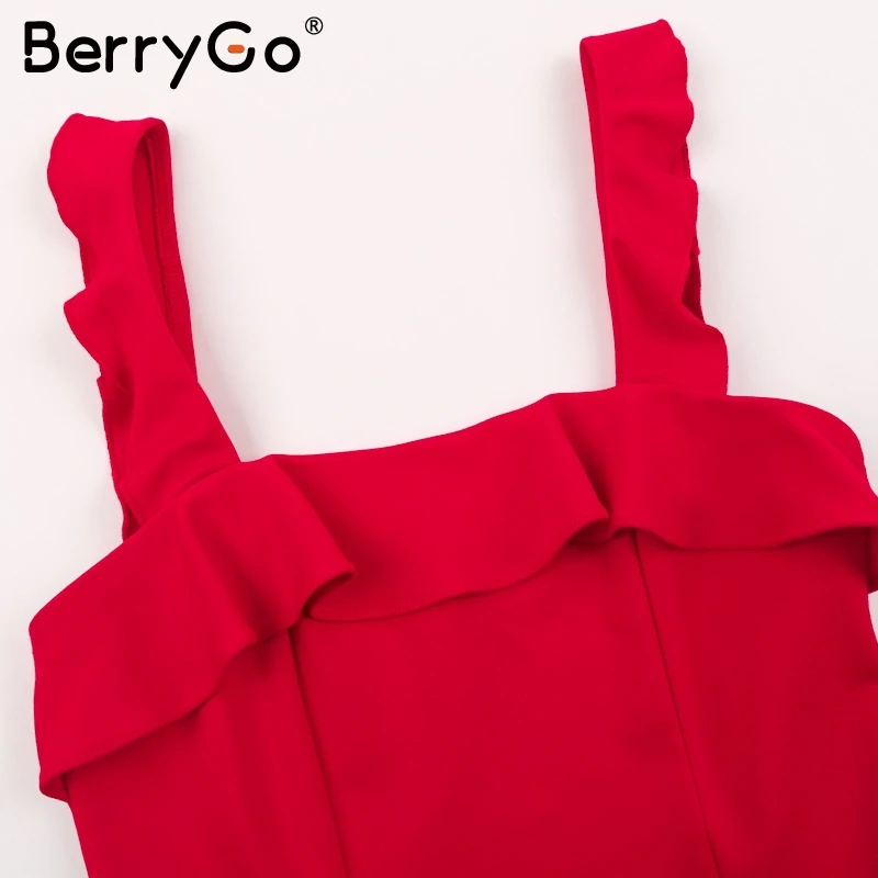 BerryGo Сексуальное Красное Облегающее Платье на бретельках женское платье с рюшами