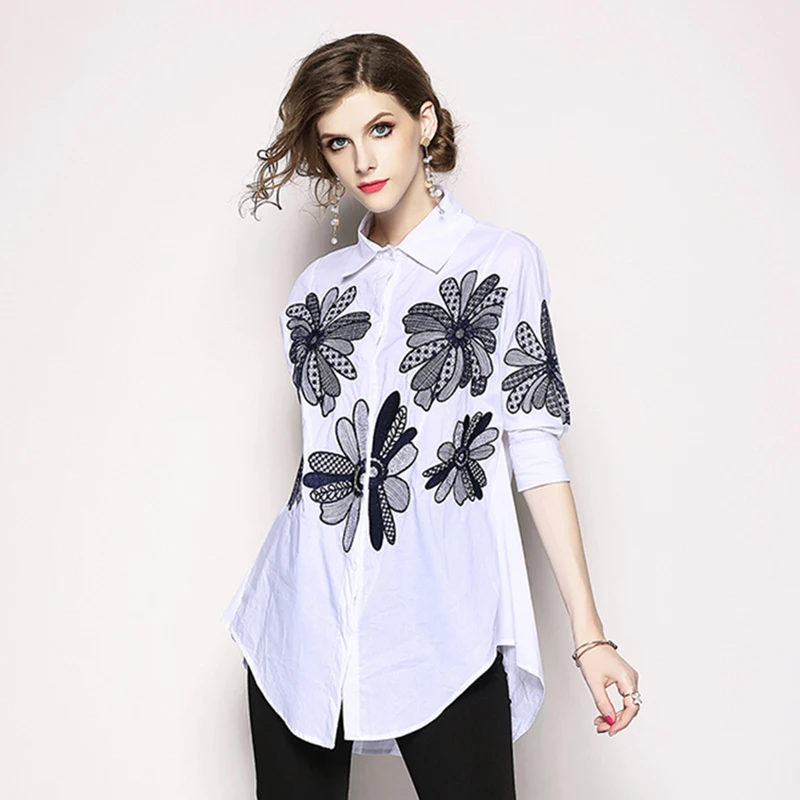 VERHELLEN High Quality Fashion 2020 Autumn Runway Designer Shirt Women's 3/4 Sleeve Flower Embroidery Casual Loose Blouse Shirts | Женская