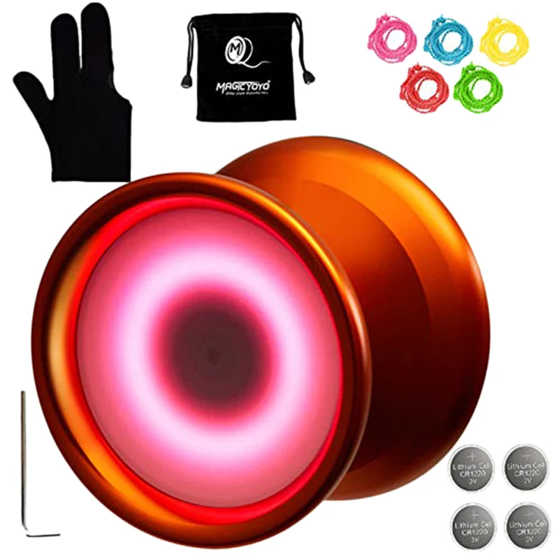 Orange Magic yoyo Y02-Aurora загорается профессиональный не реагирующий йо со светодиодными лампами с перчаткой, yoyo кобура, 5 струн, синий светодиодный свет - Цвет: Orange