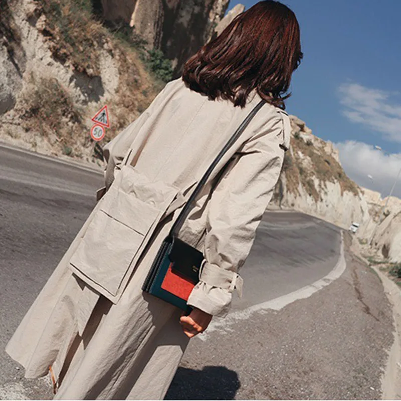 Весна осень Женская Корейская ветровка пальто длинный рукав бандажный Тренч