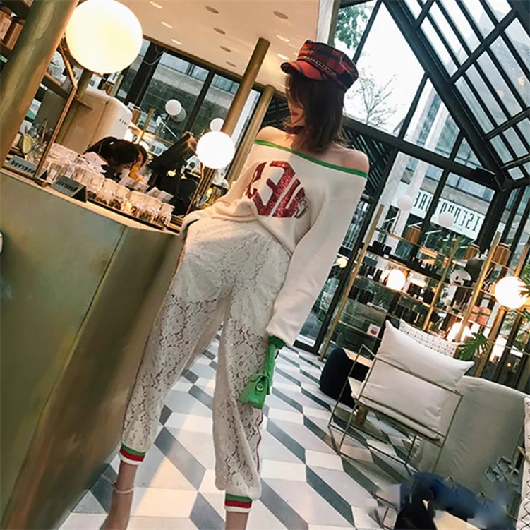 Новинка вязаный свитер пальто + белые кружевные штаны с вышивкой Женский костюм
