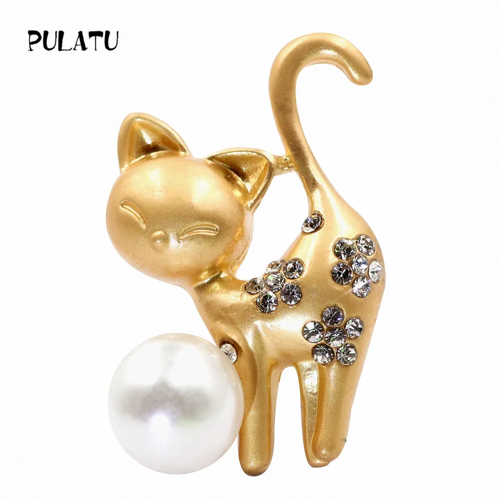 PULATU 2018 Cute Cat Brooch Pins Women Zinc Alloy Rhinestone Inlay Pearl Brooches Child Birthday Gifts Clothing Accessories | Украшения и