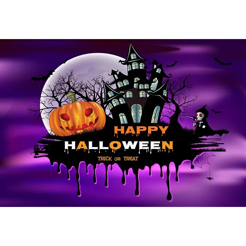 Photography Background 7ft Black Haunted House Large Pumpkin Purple Vinyl Backdrops for Halloween Party Trick or Treat Kids | Электроника