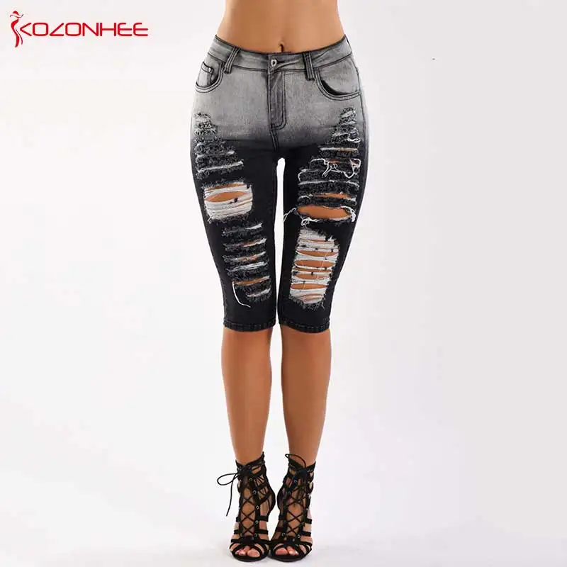 Черные и белые рваные джинсы стрейч со средней талией для женщин карандаш до