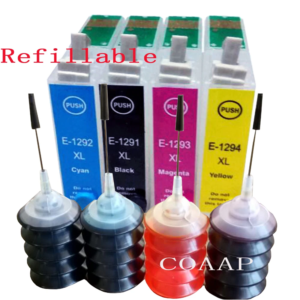 

4Pack Refillable T1291 - T1294 Empty cartridge + 120ML Dye ink for Stylus Office B42WD BX320FW BX925FWD BX935WF Printer