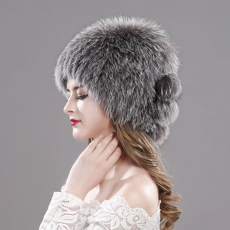 Five Styles Of Natural Silver Fox Fur Cap Real Fox Fur Pompom Hat Knitted Russian Female Hat