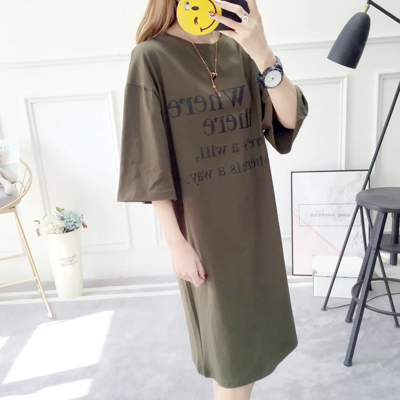 Летние платья из 100% хлопка Корейского стиля для женщин 2018 года, футболки с круглым вырезом, платья свободного кроя большого размера, покрывающие животик, топы с надписью J124.