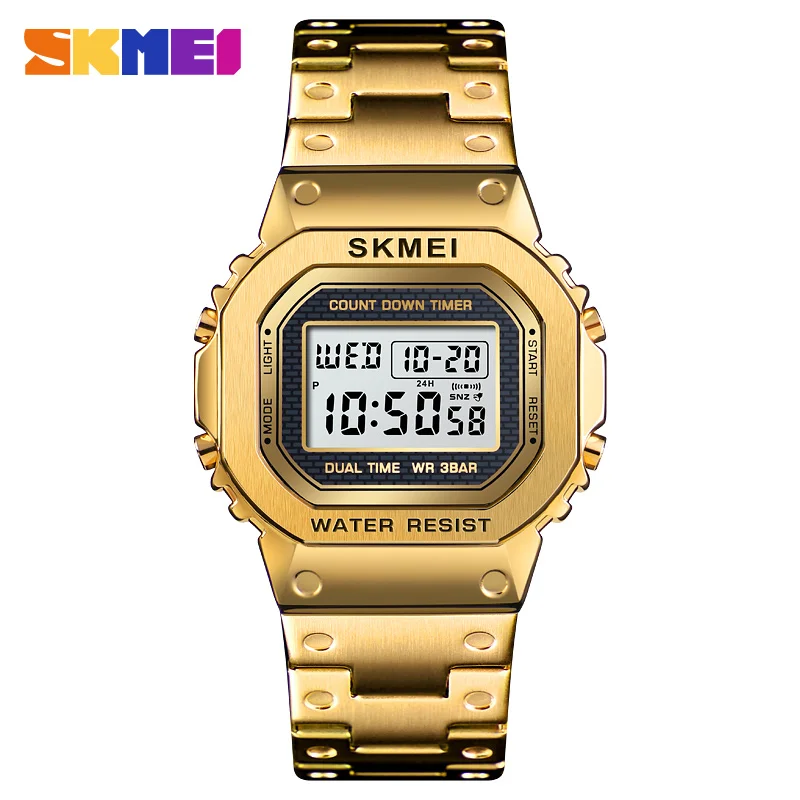 Gold SKMEI спортивные часы мужские g-стиль светодиодные цифровые часы полностью стальные ударные водонепроницаемые часы с хронографом и будильником уличные мужские наручные часы - Цвет: Gold