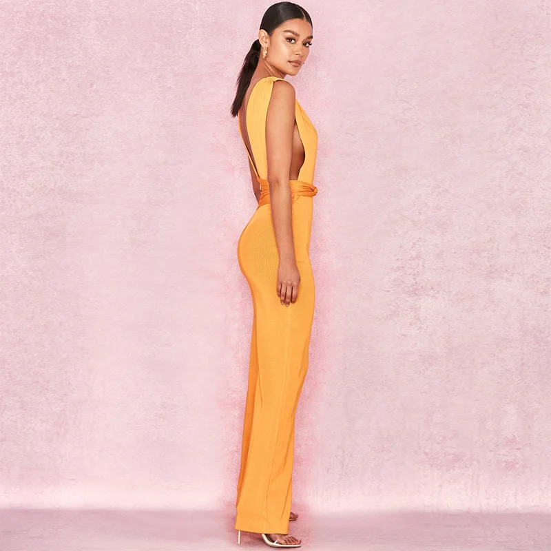 Летний модный оранжевый бандажный комбинезон без рукавов новый стиль