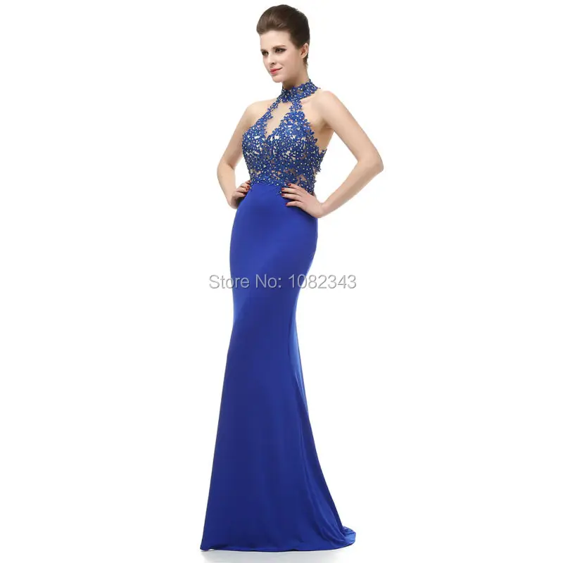 Real Sample Royal Blue Chiffon Appliques Long Evening Dresses 2019 Mermaid Beading Halter Floor Length Dress 05DB257 | Свадьбы и