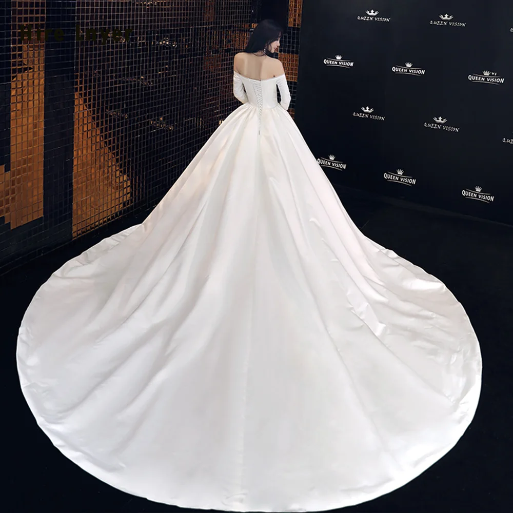 Vestidos De Casamento Boat Neck Three Quarter Sleeve Lace Up Back Simple France Satin Ball Gown Wedding Dress Plus Size | Свадьбы и
