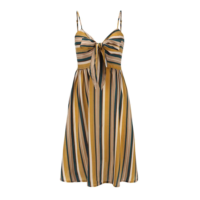 Новинка женское платье в полоску на бретельках с v-образным вырезом и бантом