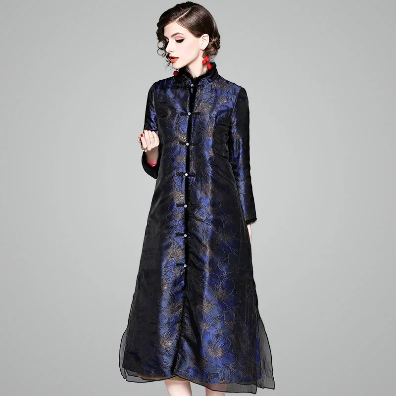 Для женщин темно-голубое платье зимняя одежда Cheongsam платья вышивка женский