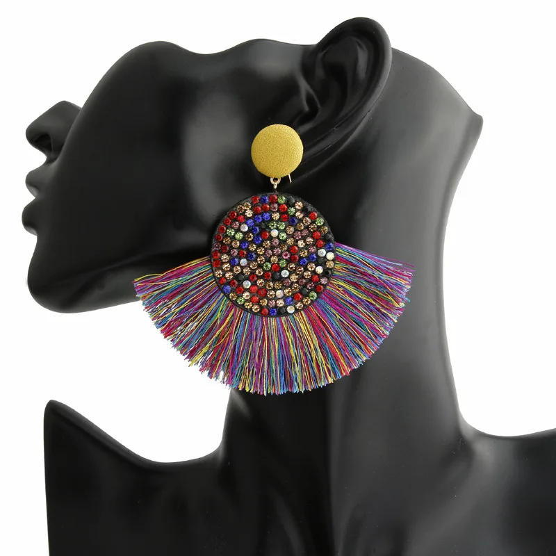Женские блестящие висячие серьги Boho черные длинные с кисточками модные
