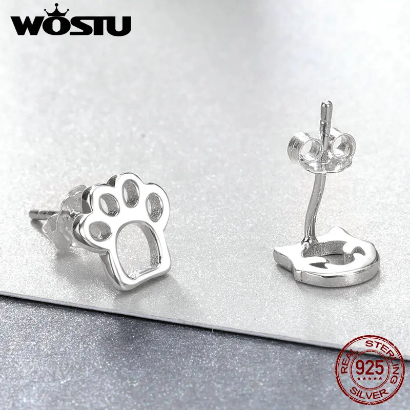 WOSTU 925 пробы серебряные серьги-гвоздики с милыми кошачьими следами для женщин подлинные серебряные ювелирные изделия прекрасный подарок pendientesCSE148