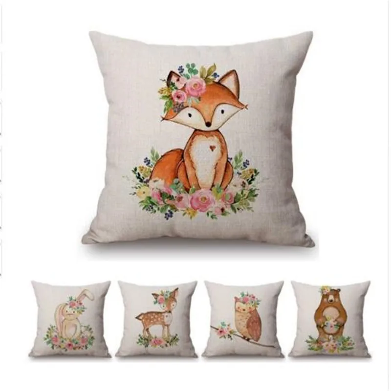 

Cute Flowers Cartoon Fox Bear Owl Deer Baby Girl Room Decoration Throw Pillow Case Cotton Linen Cute Cushion Cover For boys