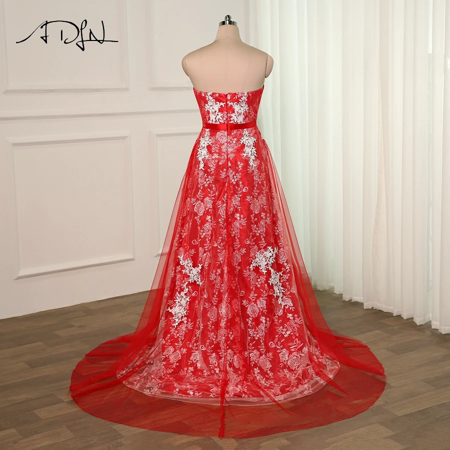 ADLN Fashion Red Prom Dress with White Applique Strapless Sleeveless A-line Tulle Evening Party Gowns Formal Dresses | Свадьбы и