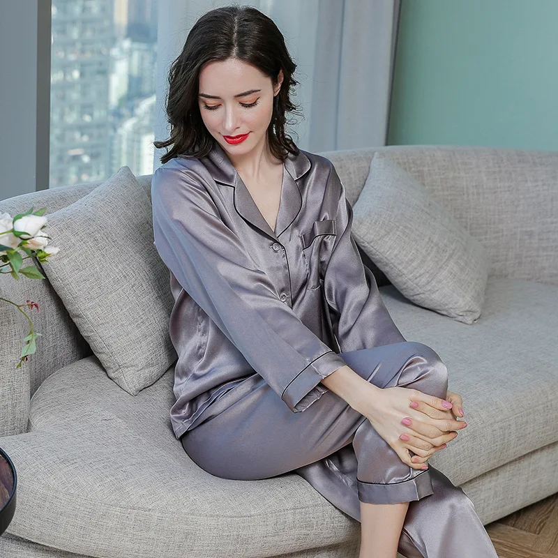 Real Silk Pajama Sets Female Summer Long-Sleeve Two-Piece 100% SILK Sleepwear Woman Soft Cool Nightwear Homewear T77166