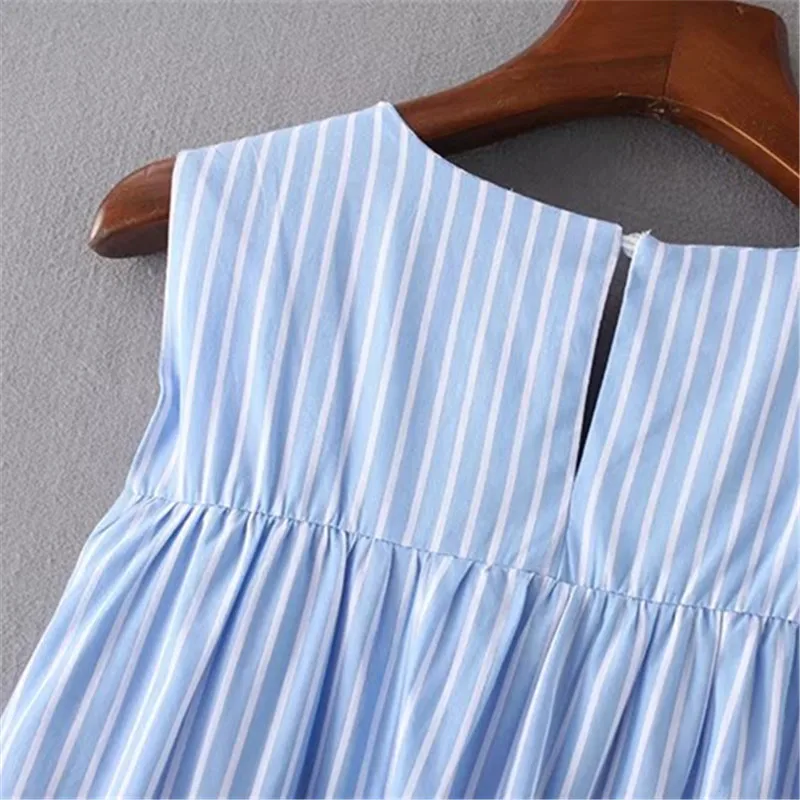 

Blue Striped Ruffles Sleeveless Mini Dresses Women Nice Summer Fashion V-neck Sexy Short Dress Women Elegant Loose Dress Female