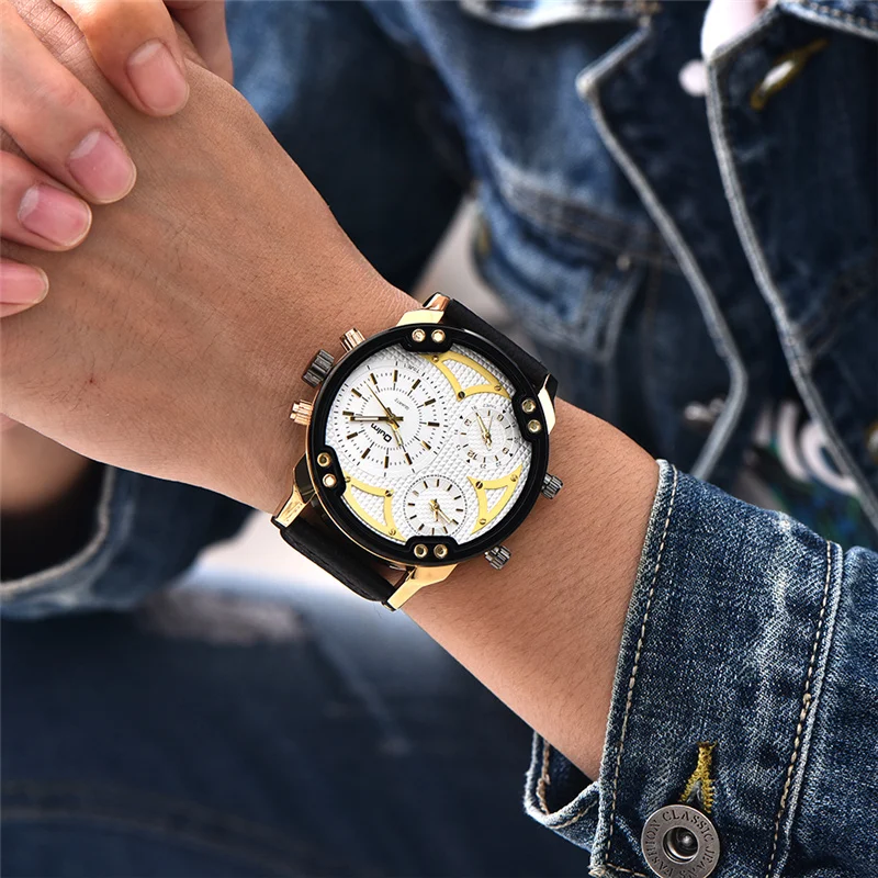 Oulm новые модные часы с 3 часовыми поясами мужские повседневные кожаным ремешком