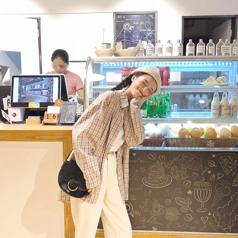 

Summer Autumn Women's Clothing England preppy Style Sweet Plaid Tie Blouses New Turn-down Collar long sleeve ulzzang BF Shirts