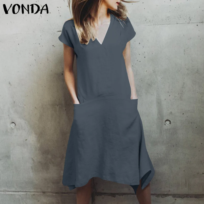 VONDA, женское сексуальное платье, лето, v-образный вырез, короткий рукав, карманы, неровная кромка, хлопок, платья свободного покроя, размера плюс, Vestidos