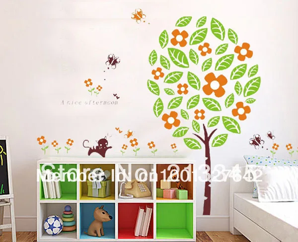 [Fundecoration] Кот играть цветок детская комната дома деко дерево настенные стикеры
