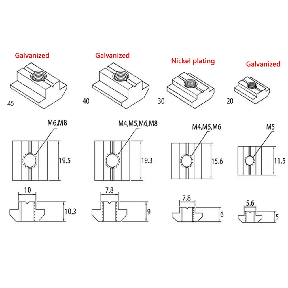 

T Sliding Nut Block Square Nuts Zinc Coated Plate Aluminum For EU Standard 4040 Aluminum Profile Slot for Kossel DIY CNC