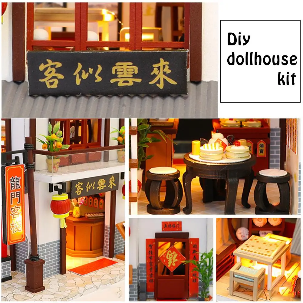 

DIY Dollhouse Longmen Inn Handmade Wooden House Model Innovative Toy Puzzle Assembled Birthday Gift Miniature Dollhouse
