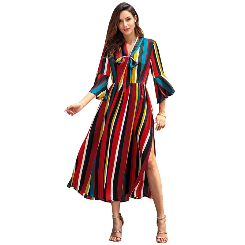 

Jelics spring rianbow stripe women dress three quarter flare sleeve v-neck robe femme fashion elegant ladies midi dresses