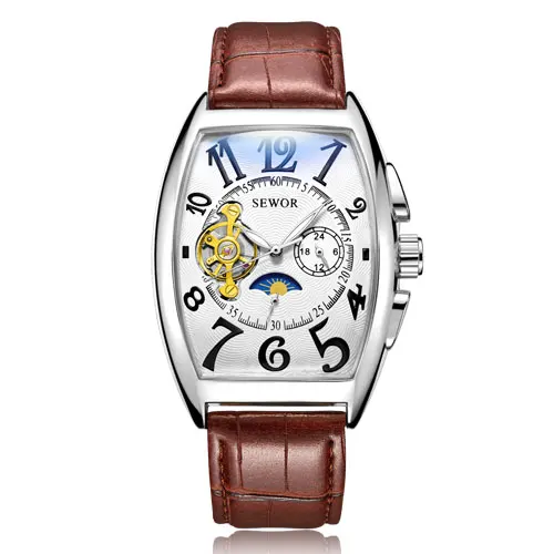 1 without box SEWOR, новинка, черные, золотые, Tonneau Tourbillon, автоматические механические часы для мужчин, ремешок из натуральной кожи, мужские часы, мужские наручные часы - Цвет: 1 without box
