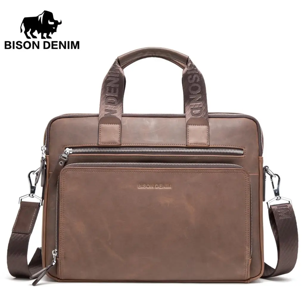 Бренд BISON DENIM, мужской портфель, сумка-портфель, Сумки из натуральной кожи, 14 дюймов, сумка для ноутбука, бизнес сумки через плечо, N2333-3 - Цвет: Brown