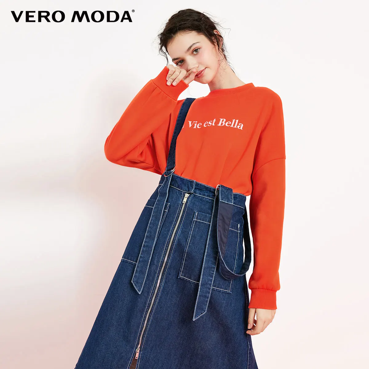 Outrageous orange Vero Moda свитшот Женская Ins стиль круглый вырез с заниженным плечом Досуг свободная толстовка с капюшоном | 318433511 - Цвет: Outrageous orange