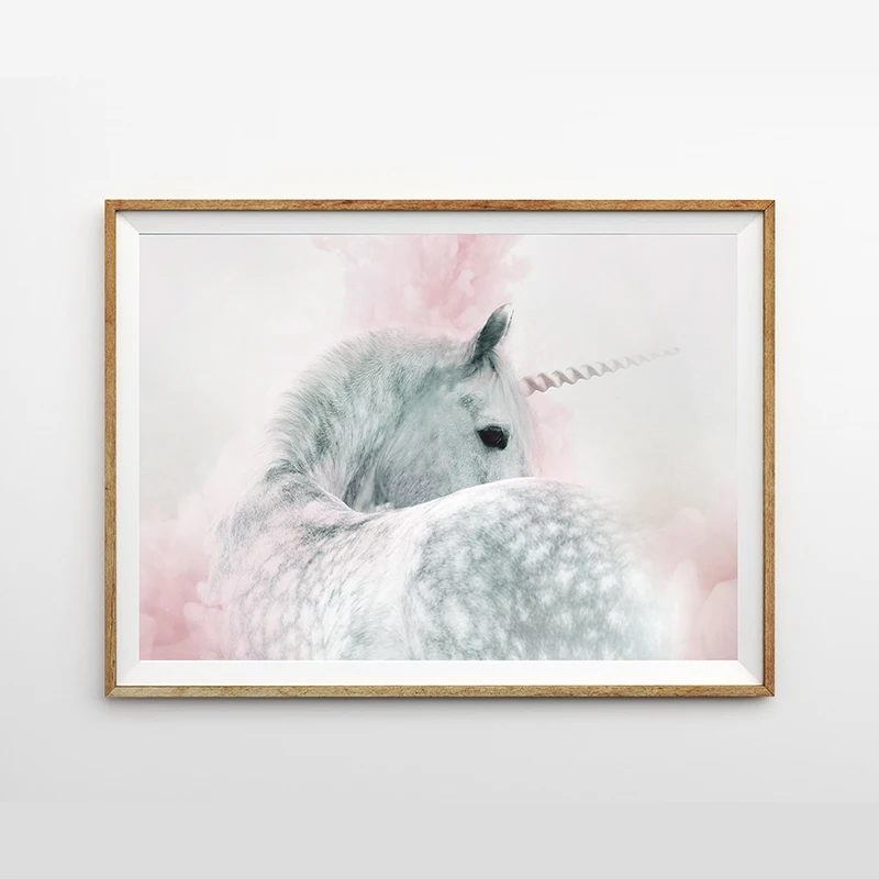 Девочки Спальня украшения Единорог Детская Wall Art печати и плакат розовой радугой