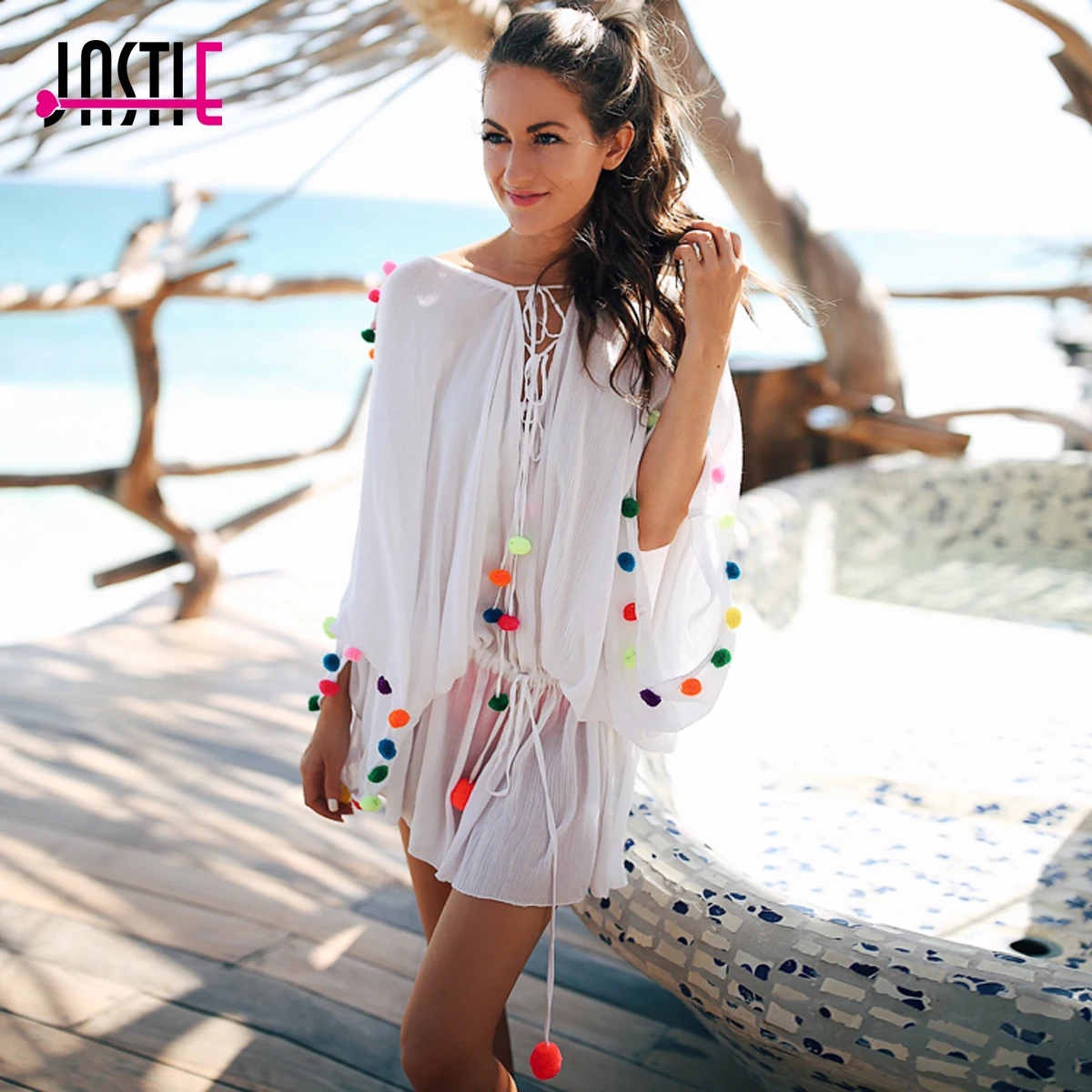 Jastie открытая спина Pom Cover Up сарафан Свободные повседневные пляжные топы, блузки Летние Купальники Топ Бохо хиппи женская рубашка блузки