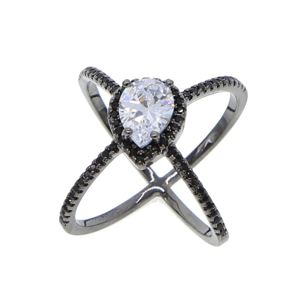 long criss cross stunning women full finger ring jewelry black gold filled Cross X tear drop cz | Украшения и аксессуары