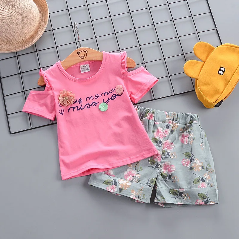 Летние комплекты одежды для девочек хлопковая футболка маленьких топы + шорты