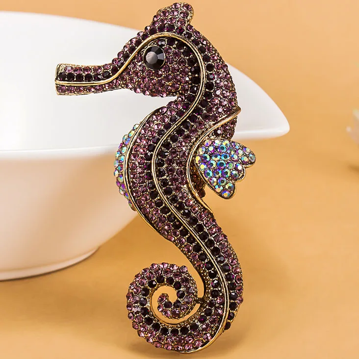 Antique Gold Purple Каваи лук морской конек животное брошь для мужчин Colar Masculino Винтаж Брошь Мода горный хрусталь кристалл шляпы аксессуары хиджаб булавка - Окраска металла: Antique Gold Purple