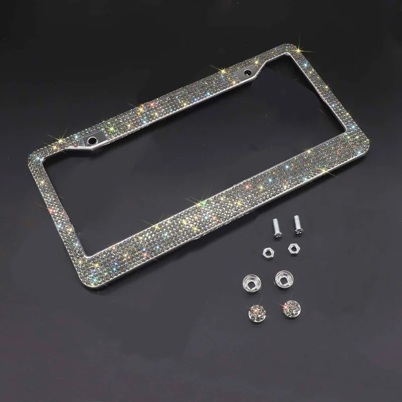 AB color Bling Crystal License Plate Frame Women Luxury Handcrafted Rhinestone Car Frame Plate with Ignition Button For USA Canada Truck - Цвет: AB color