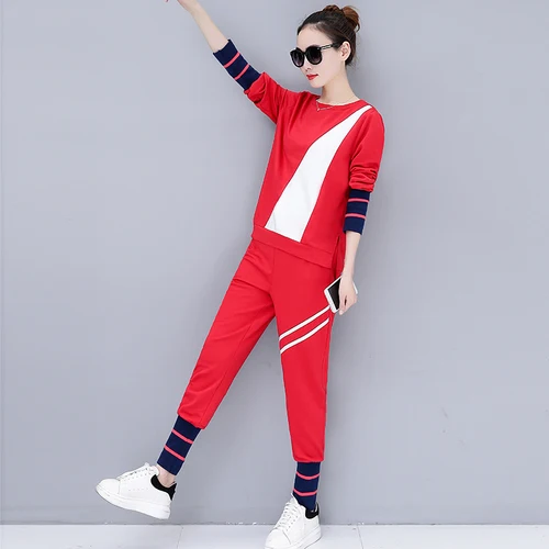 Sportswear Women 2018 New Spring Autumn Casual Full Sleeved O-neck Striped Coat Long Pants Suits 2 Piece Set Plus Size | Женская одежда
