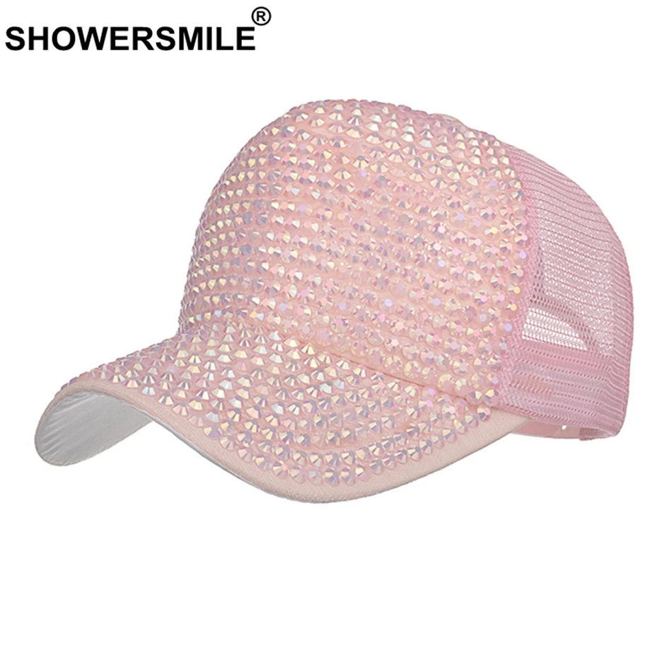 SHOWERSMILE, стразы, бейсболки для женщин, синяя блестящая шляпа, бриллиантовая женская летняя Дамская Кепка, бейсболка кепка с сеткой, хип-хоп