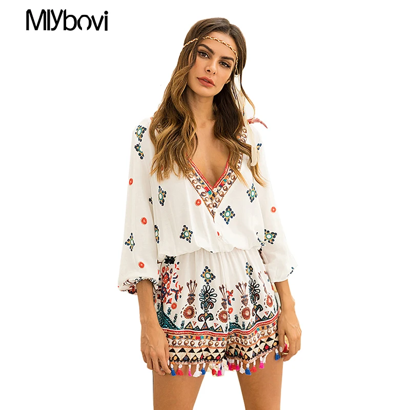 Женский короткий комбинезон с вышивкой повседневный V-образным вырезом в