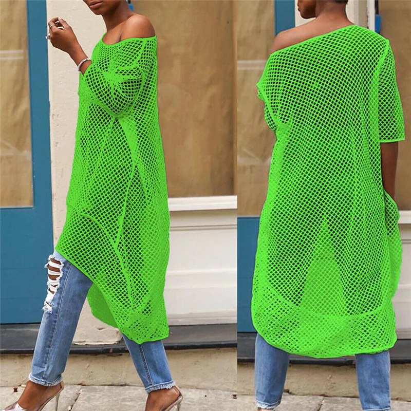 Женские летние сетчатые блузки с открытыми плечами свободные топы туника