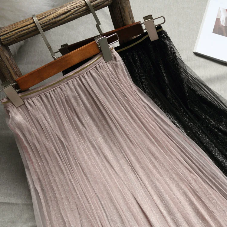 Женские блестящие юбки ALPHALMODA плиссированные длинные до середины икры для весны и