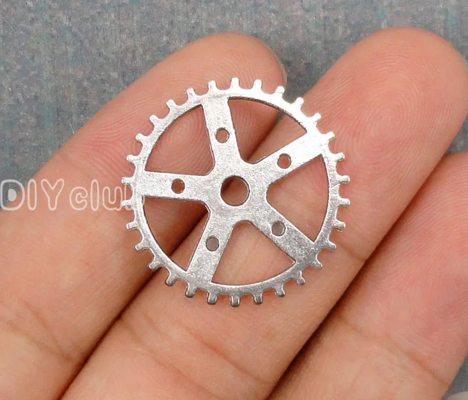 

50pcs-Antique Silver Plated 2 Sided Gear Charms Pendant, Jewelry Findings 25mm