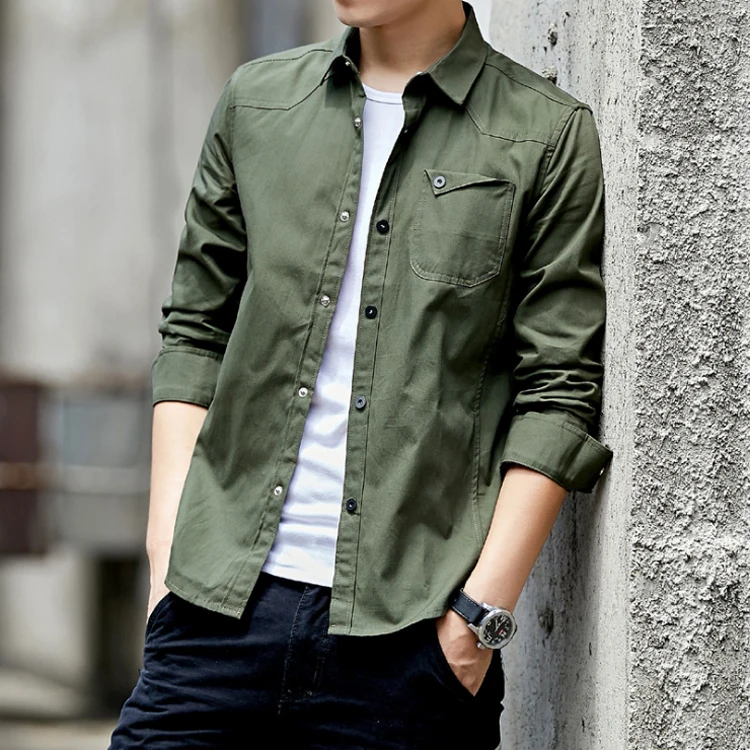 

Spring And Autumn New Military Trend Slim Long Sleeve Cotton Men Shirt Army Green High Quality Men Clothing