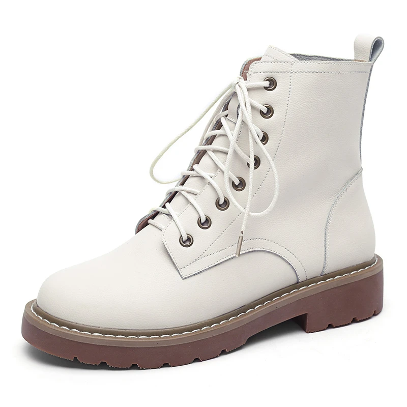 Beige PU Inside Женские ботинки Martin из натуральной кожи; коллекция года; сезон осень-зима; женская обувь на низком каблуке; Модные женские ботильоны на шнуровке; цвет бежевый, черный; A299 - Цвет: Beige PU Inside