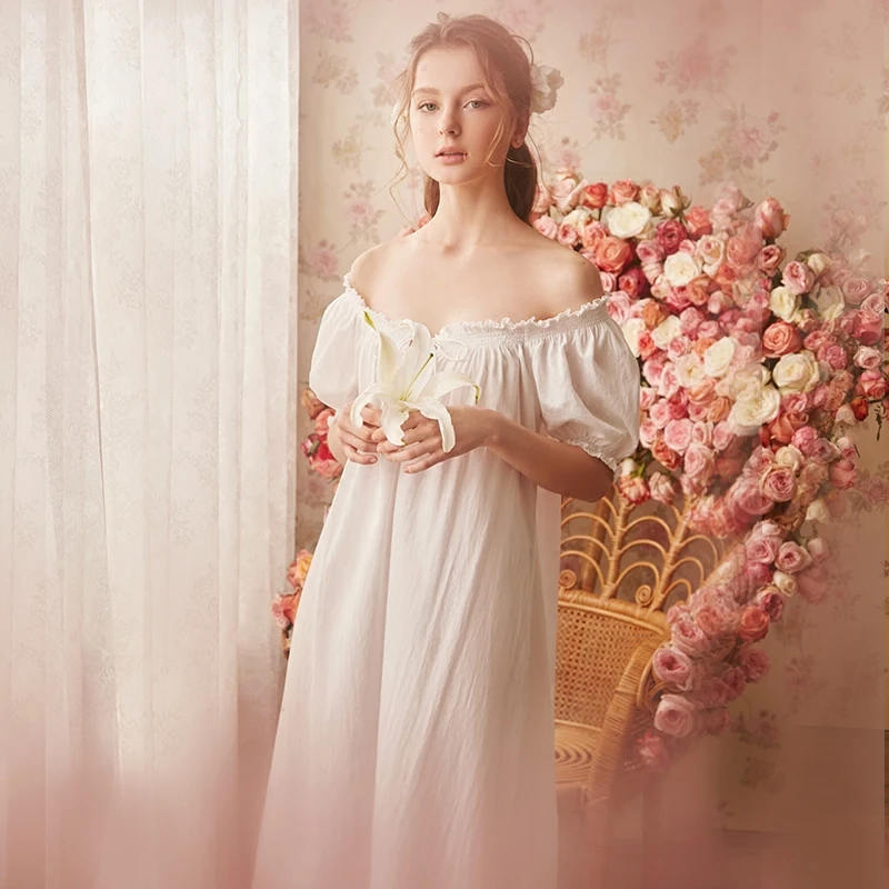 Бесплатная доставка 100% хлопок ночная рубашка принцессы Женская длинная белая